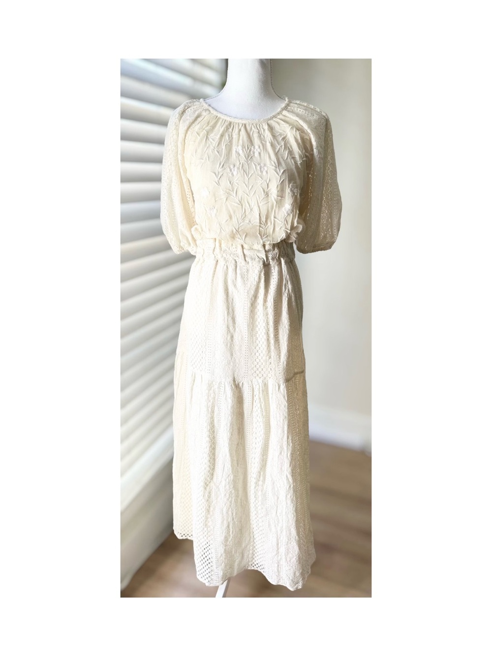 Anthropologie Cream Embroidered Maxi Dress with Puff Sleeves